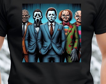 May include: Five horror movie villains in suits.  The characters are Freddy Krueger, Jason Voorhees, Michael Myers, Chucky, and Ghostface.