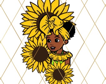 May include: A digital illustration of a young girl with brown skin wearing a yellow sunflower headband and a green and yellow dress. She is surrounded by yellow sunflowers with brown centers.