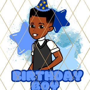May include: A digital illustration of a young boy wearing a blue and yellow party hat. He is wearing a white shirt and a black vest. The background is a blue watercolor wash with stars. The text "Birthday Boy" is in blue letters with a blue star.