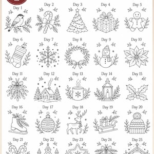 Op de afbeelding: Een digitaal borduurpatroonblad getiteld 25 Days of Christmas met 25 individuele zwart-wit lijntekeningen, waaronder een vogel, zuurstok, kerstboom, cadeau, peperkoekmannetje, kerstsok, sneeuwvlok, krans en sneeuwpop.