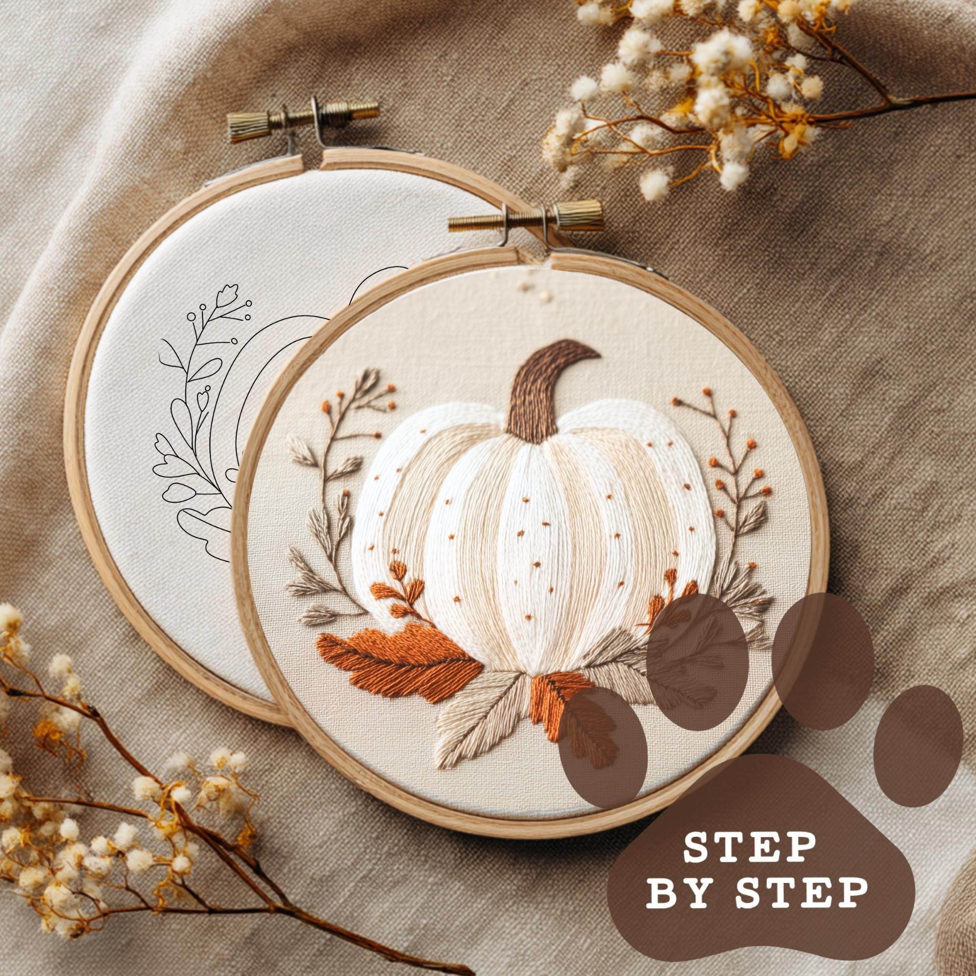 White Fall Pumpkin Easy Beginner Hand Embroidery PDF Pattern With Step ...