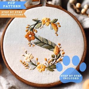 Herbst Floral S Monogramm Buchstabe Handstickerei Muster PDF | Design mit Anfängerleitfaden | Botanische Alphabet Hoop Art