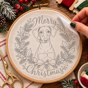 Custom Pet Portrait Stick and Stitch Embroidery Pattern, Personalized Christmas Wreath, Dog or Cat Embroidery Transfer, Pet Memorial Gift