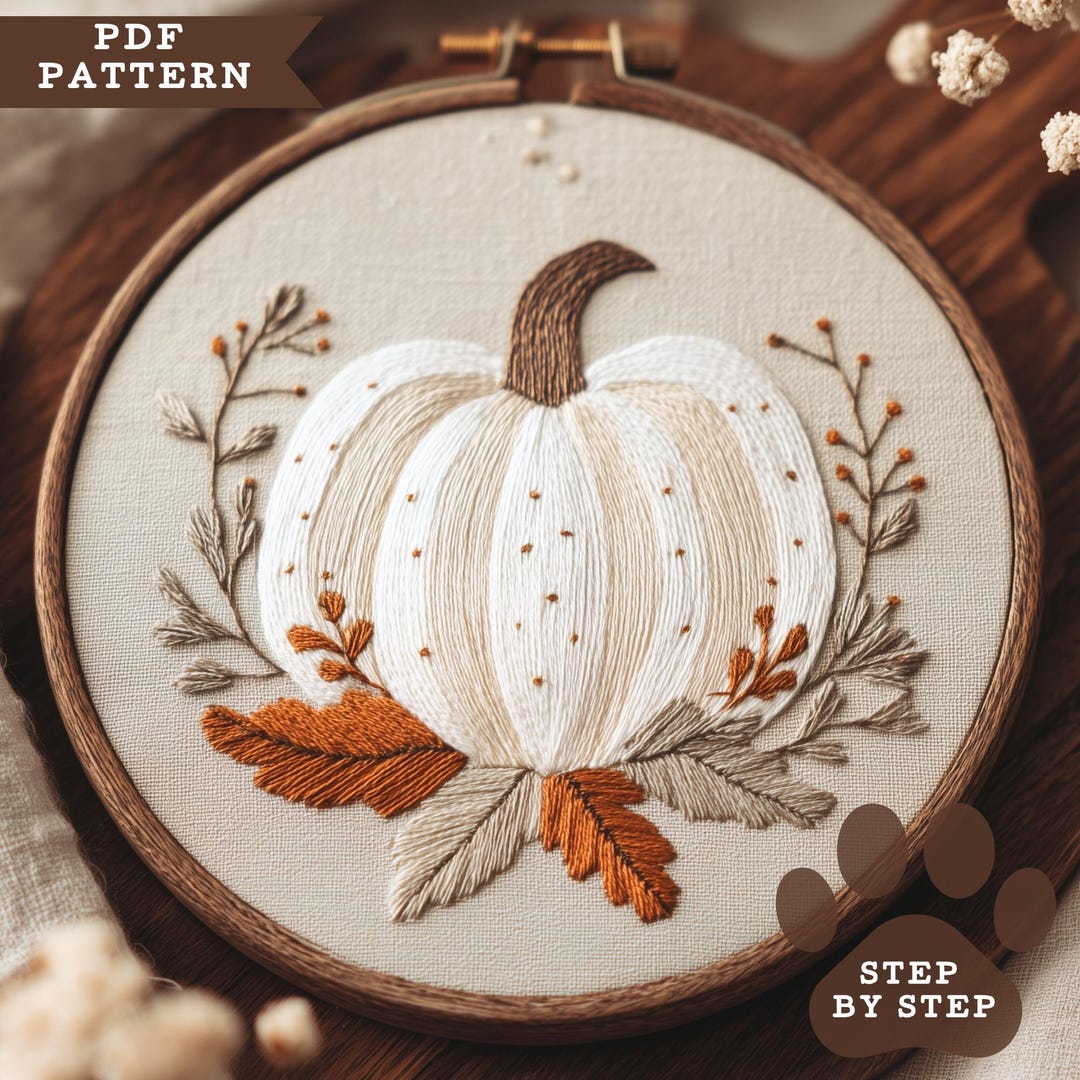 White Fall Pumpkin Easy Beginner Hand Embroidery PDF Pattern With Step ...