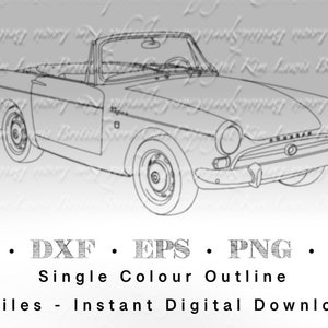 May include: A line drawing of a classic convertible car. The car is drawn in black and white and has a simple, elegant design.