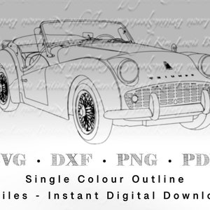 May include: A black and white line drawing of a classic Triumph sports car. The car is a convertible with the top down. The car is facing forward and the front grille is visible. The car is on a white background.