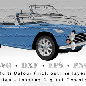May include: A blue convertible car with a white outline. The car is a classic British sports car. The image includes the text "SVG • DXF • EPS • PNG Multi Colour (incl. outline layer) 4 Files - Instant Digital Download".