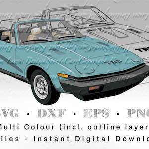 May include: A teal blue convertible car with a black bumper and a white outline. The car has a black interior and the word "TR8" is visible on the back of the car.