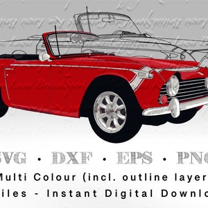 May include: A red convertible car with a white outline. The car is a classic design with a rounded body and a chrome bumper. The car is set against a gray background.