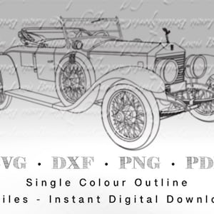 May include: A black and white line drawing of a vintage Rolls Royce car. The car is a convertible with the top down. The car is facing forward and the front wheels are turned slightly to the right. The car is drawn in a simple style with minimal detail.