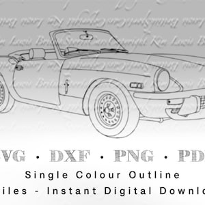 May include: Line art drawing of a classic convertible car. The car is a single-color outline with no shading or detail. The image includes the text "SVG DXF PNG PDF Single Colour Outline 4 Files - Instant Digital Download".