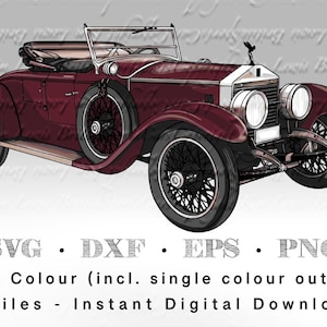 May include: A vintage maroon Rolls Royce car with a black top and chrome accents. The car has a spare tire on the back and a spare tire cover. The car is on a white background.