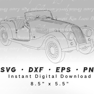 May include: Line art drawing of a classic British sports car, a black and white illustration of a vintage roadster with a convertible top. The car is 8.5 inches by 5.5 inches.