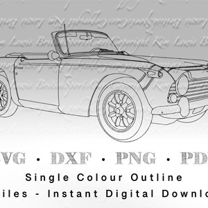 May include: A black and white line drawing of a classic convertible car. The car has a rounded body style and a long hood. The car is facing the right side of the image. The image is labeled with the text "SVG DXF PNG PDF Single Colour Outline 4 Files - Instant Digital Download".