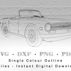 May include: A black and white line drawing of a classic convertible car. The car has a rounded front end with a grille and headlights. The car is a single-color outline.