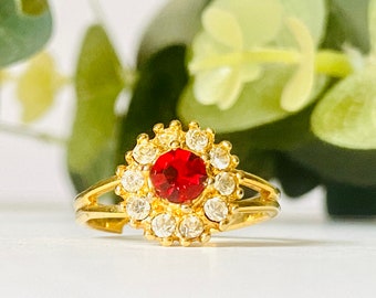 Vintage Red Rhinestone Flower Adjustable Ring