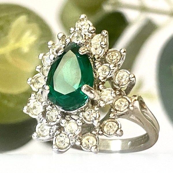 Vintage 18 KT HGE Faux Emerald and Diamond Cocktail Ring