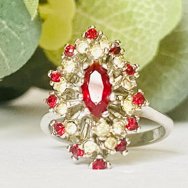 Vintage 18 KT HGE Gold Plated Ruby Red and Clear Stone Cluster Ring - Size 7