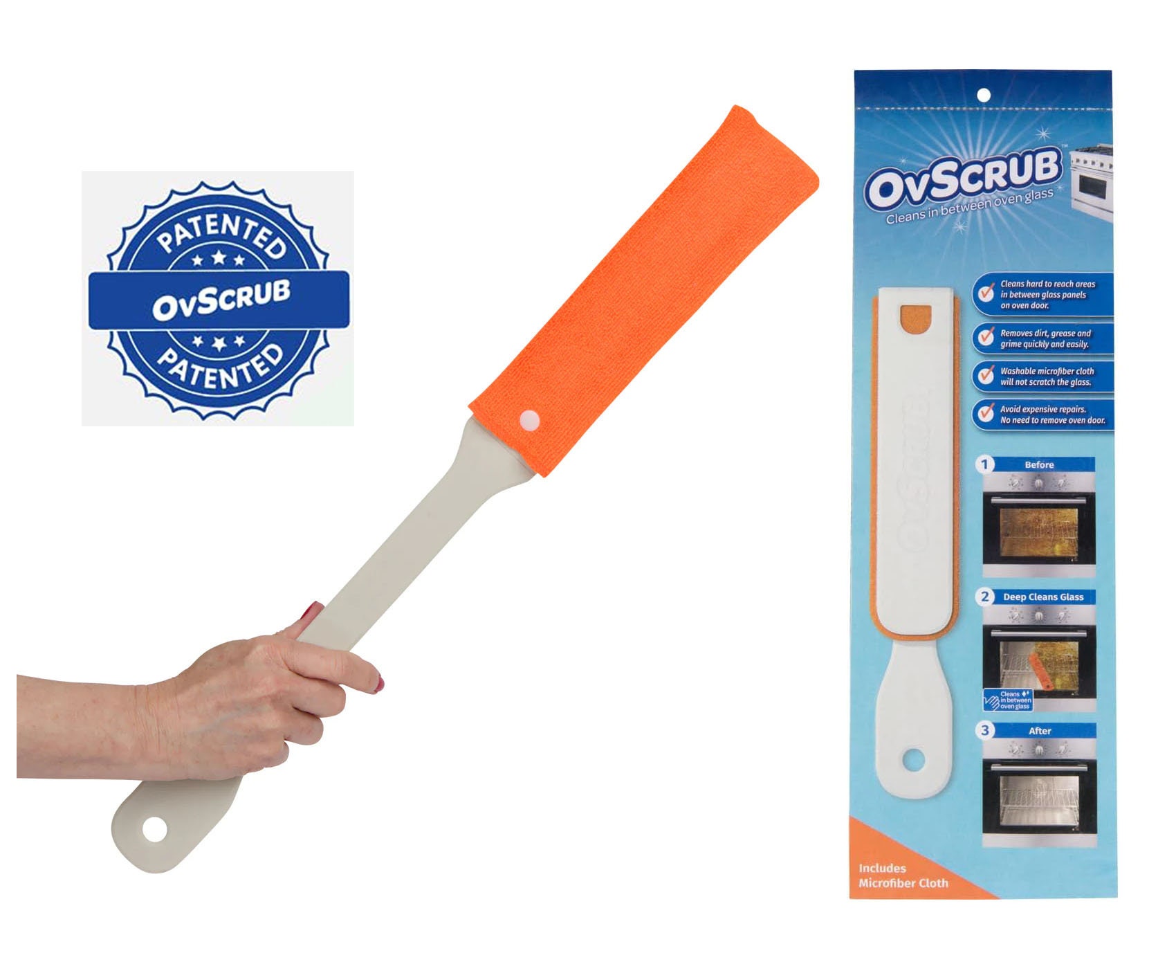 OVSCRUB Oven Door Glass Cleaning Tool & Microfiber Cloth Bundle |  Effectively Removes Dirt, Grease & Grime | Slim Foldable Long Handle |  Works with