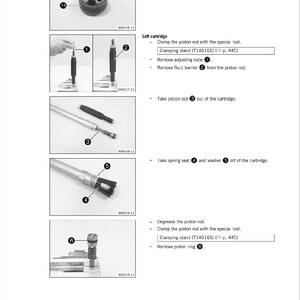 May include: A black and white diagram showing the steps to remove a piston rod from a fork. The diagram includes numbered steps and illustrations of the tools needed to complete the task. The text in the image reads "Remove piston ring", "Clamping stand (T14016S) (p. 445)", "Take piston rod out of the cartridge", "Take spring seat and washer off of the cartridge", "Degrease the piston rod", "Clamp the piston rod with the special tool", "Clamping stand (T14016S) (p. 445)", and "Remove piston ring".