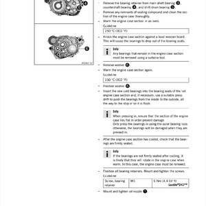 May include: A detailed diagram showing the steps for replacing bearings in an engine case section. The diagram includes numbered arrows pointing to different parts of the engine case, including the oil nozzle, bearing retainers, and screws. The text provides instructions for removing and installing the bearings, as well as guidelines for heating and cooling the engine case section.