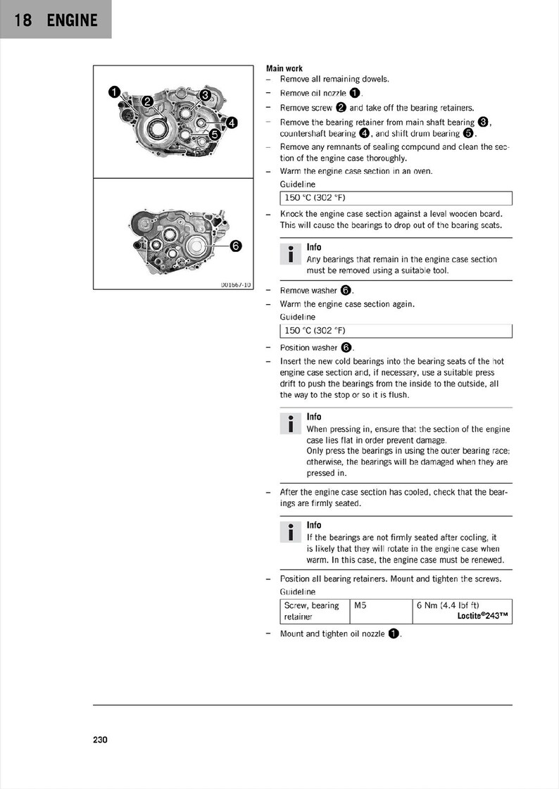 May include: A detailed diagram showing the steps for replacing bearings in an engine case section. The diagram includes numbered arrows pointing to different parts of the engine case, including the oil nozzle, bearing retainers, and screws. The text provides instructions for removing and installing the bearings, as well as guidelines for heating and cooling the engine case section.