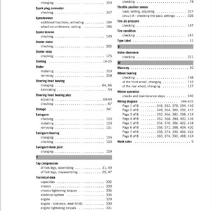 May include: A black and white index page with the word "INDEX" in bold at the top. The page lists various parts of a motorcycle and their corresponding page numbers in the manual.