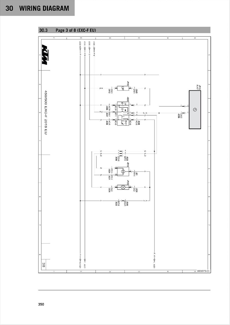 May include: A wiring diagram for a 450/500 EXC-F 2018 EU motorcycle. The diagram shows the location of various electrical components, including the battery, starter, and ignition system. The diagram is labeled with numbers and letters to identify the different components.
