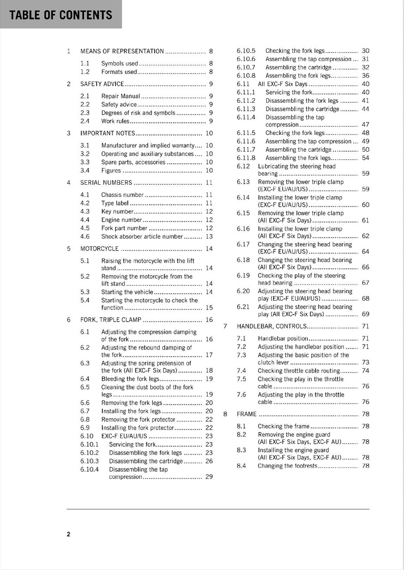 May include: A black and white table of contents page for a motorcycle repair manual. The page lists the different sections of the manual, including "Means of Representation", "Safety Advice", "Important Notes", "Serial Numbers", "Motorcycle", "Fork, Triple Clamp", "Handlebar, Controls", and "Frame".