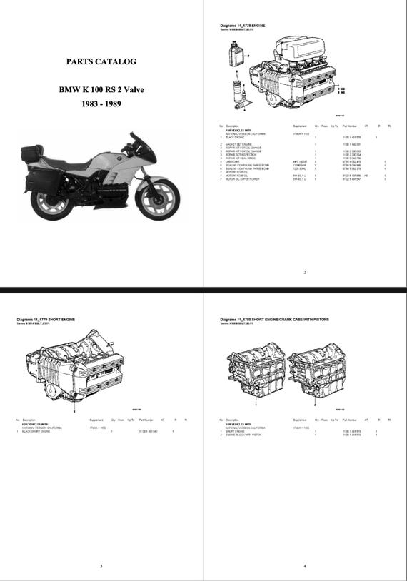 1983 to 1989 BMW K 100 RS Valve Complete Workshop Parts Catalog