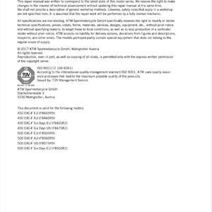 May include: A black and white image of a repair manual for KTM motorcycles. The manual is for the following models: 450 EXC-F EU (F8403R9), 450 EXC-F AU (F8460R9), 450 EXC-F Six Days EU (F8403R2), 450 EXC-F Six Days US (F8475R2), 500 EXC-F EU (F8503R9), 500 EXC-F AU (F8560R9), 500 EXC-F US (F8575R9), 500 EXC-F Six Days EU (F8503R2).