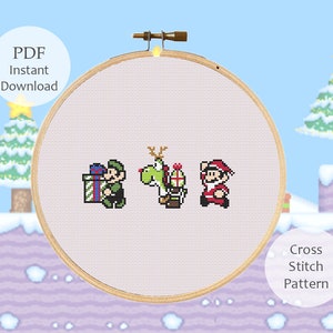 Weihnachten Super Mario Bros - Mario & Luigi Yoshi Weihnachten Anfänger Freundlich - Kreuzstich Anleitung PDF Instant Download