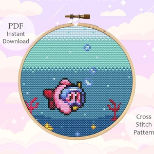 Underwater Kirby - Swimming Kirby Cross Stitch Pattern PDF Instant Download