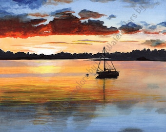 11 x 14 Sunset Sailboat Watercolor Giclee Print matted to 16 x 20