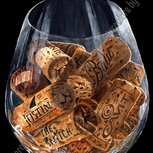 8 x 10 After the Party Corks in Wine Glass Watercolor Giclee Print matted to 11 x 14