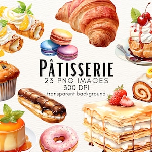 Aquarelle Patisserie Clipart - Lot de 23 pâtisseries françaises - Téléchargement instantané - Mille-Feuille - Eclair - Croissant - Tarte aux fruits - Cremecaramel