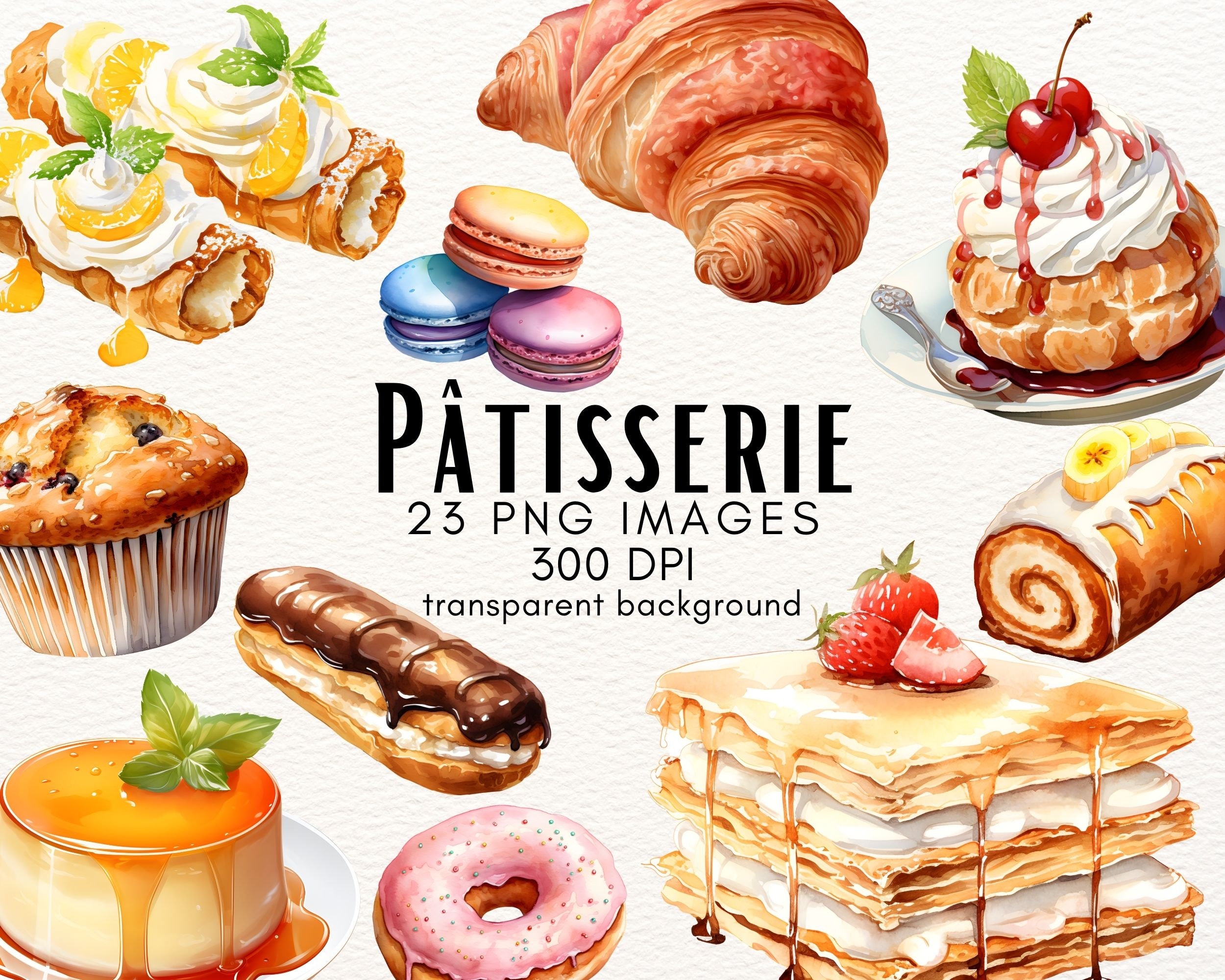 Watercolor Patisserie Clipart 23 French Pastry Bundle Instant Download