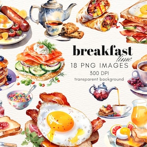 Pacote de clipart de café da manhã | Coleção de clipart de café da manhã | Aquarela | 18 imagens PNG de alta resolução | Download instantâneo