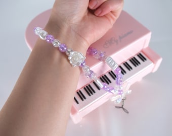 White Camellia Phone Charm Beaded Phone Strap Cute Purple Beaded Phone Chain Phone Wristlet String Birthday Gift for Girls