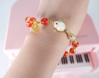 Rabbit Pendant Red Crystal Beads Bracelet Adjustable Bracelet Dainty Crystal Bracelet for Women Gemstone Bracelets Gifts for Her