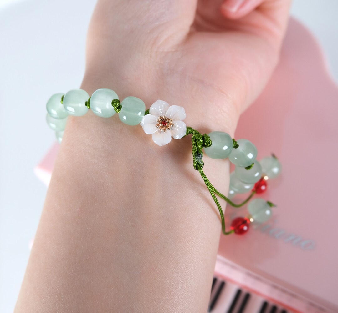Flower Green Crystal Beads Bracelet Adjustable Bracelet Dainty Etsy