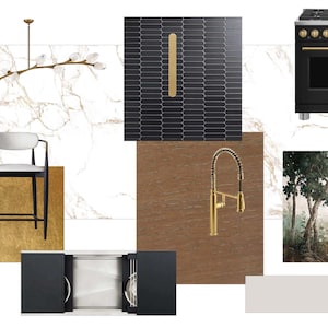 Könnte beinhalten: Ein Küchen-Designkonzept mit einem schwarzen Herd mit goldenen Akzenten, einem goldenen Wasserhahn und einem schwarz-weißen Barhocker. Das Design umfasst auch eine schwarze Fliesen-Rückwand mit einem goldenen Griff und ein Wandbild einer Waldszene.
