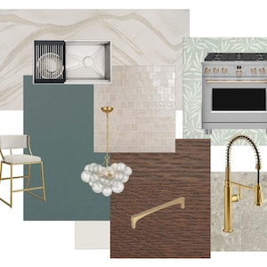May include: A kitchen design mood board featuring a stainless steel range, sink, and faucet with gold accents. Includes a white and gold bar stool, a glass bubble chandelier, and various tile and countertop samples.