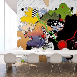 Peinture murale d'art « Improvisation with Land Masses » du pionnier de l'art numérique Steve Sherrell, formatée sur mesure ; Vinyle HD : carte, topographie, divertissement