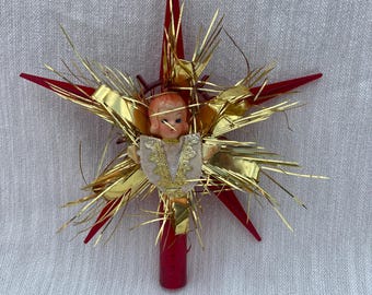 Vintage 1950s Angel Christmas Tree Topper, Red Atomic Starburst Plastic Topper, Mid Century Holiday Decor, Retro Christmas Angel