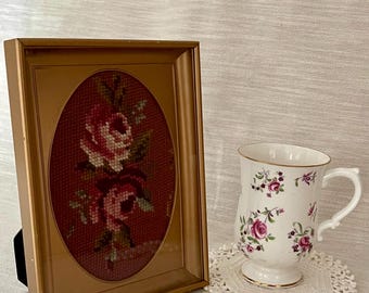 Vintage Framed Petit Point Rose Needlework Art 6x8, Mid Century Floral Easel Frame, Cottage Grandmillennial Decor