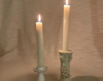 Vintage Porcelain Candlestick Duo Floral Cottage Decor Mismatched Pair