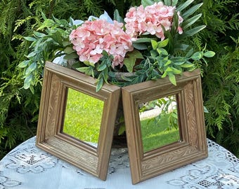 Vintage Carved Wood Wall Mirror Set of 2, French Country Mirrors, Ornate Gold Accent, Farmhouse Cottage Wall Decor, 8.5 Inch