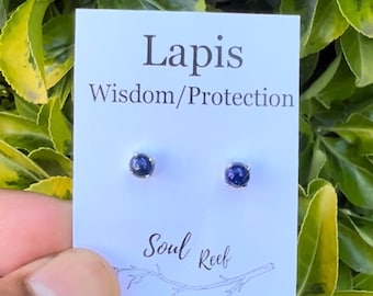 Natural Lapis Lazuli Round Stud, 925 Sterling Silver Lapis Stud