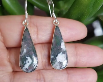 Natural Moss Agate 925 Sterling Silver Earring/ Dangle (ER-8)
